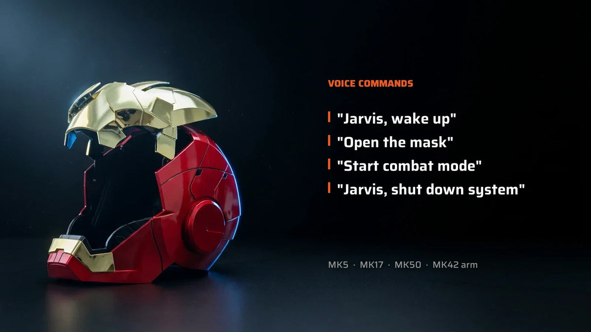 MK5 Iron Man helmet with the faceplate open, beside a list of its voice commands