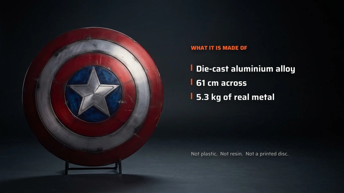 Captain America shield replica beside the facts: die-cast aluminium alloy, 61 cm, 5.3 kg